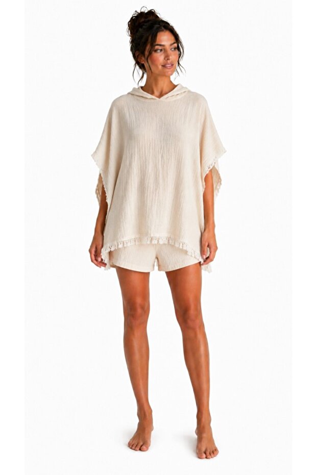 Lesley Muslin Poncho Hooded Crew Neck Tasseled Oversized Beach Poncho Ecru