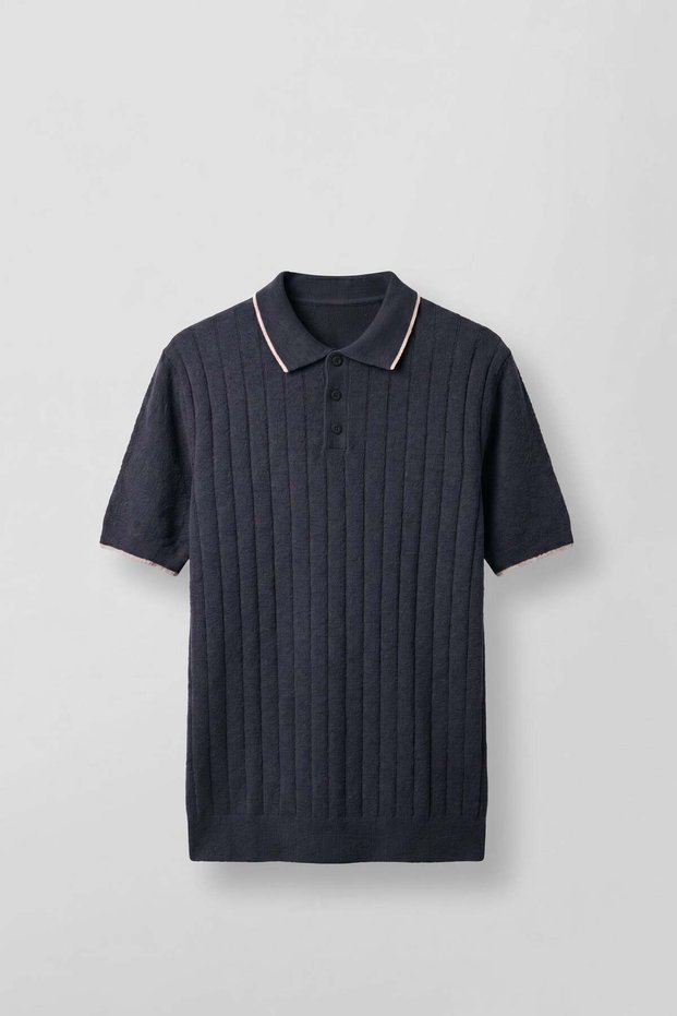 Men's Relaxed Fit Cotton Terry Polo Collar Knitwear T-Shirt Navy Blue