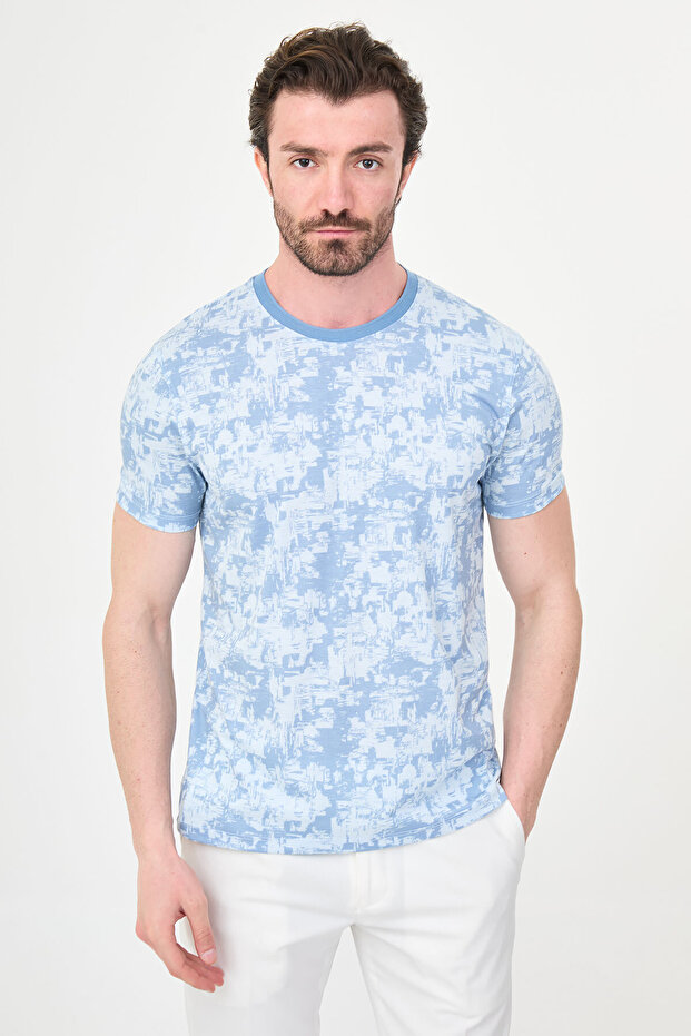 Patterned Slim Fit Crew Neck Short Sleeve Men's T-Shirt Blue - 36881.26Y