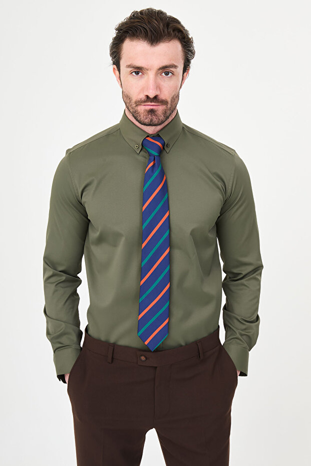 Straight Slim Fit Stand Collar Long Sleeve Men's Shirt Khaki - 27120.26Y