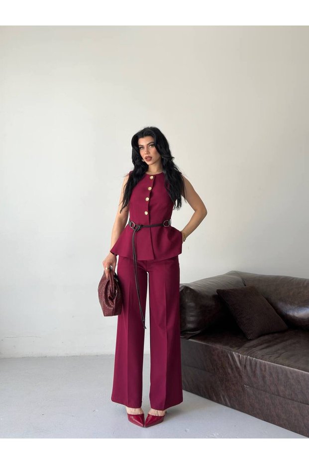 Women's Button Detailed Belted Vest Trouser Set Stylish Two-Piece Set