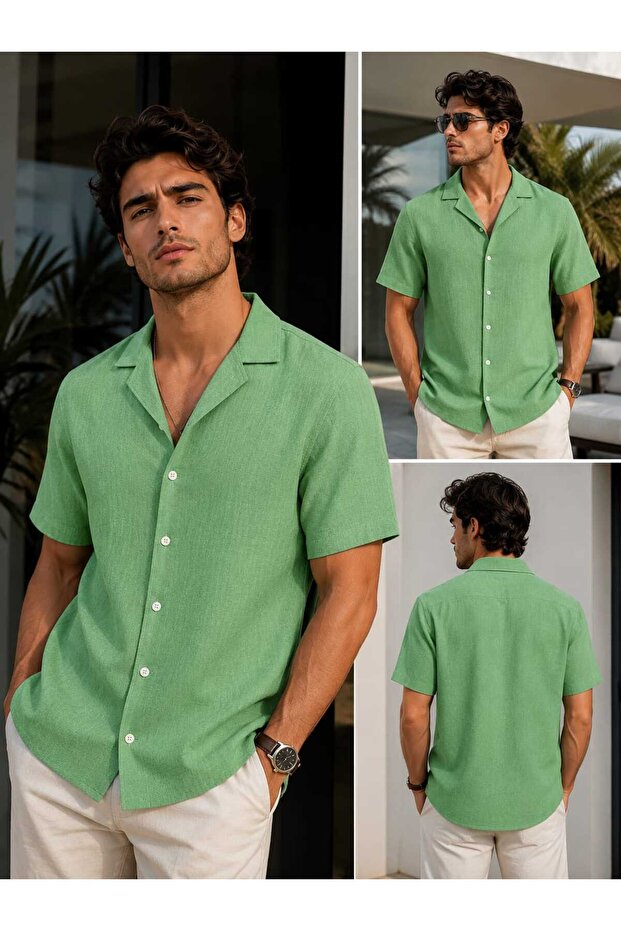 Apaş Collar Cotton Linen Flam Pattern Soft Textured, Sweat-Proof, Air-Permeable Men's Summer Single Shirt