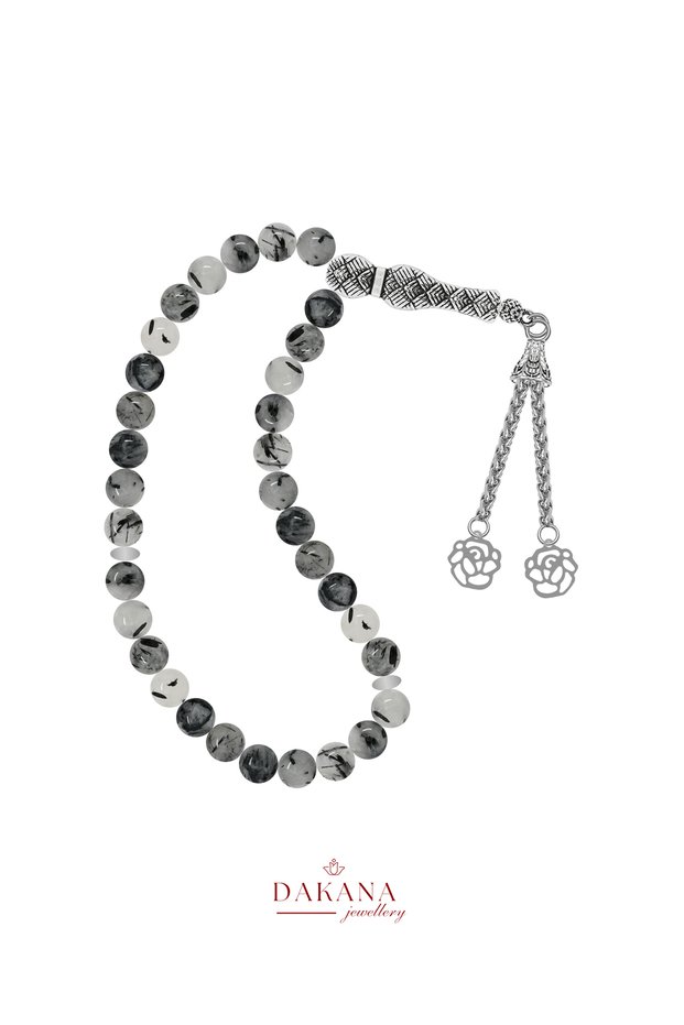 Certified 8 mm Rutile Quartz Stone Lotus Flower Steel Tassel Natural Stone Prayer Beads