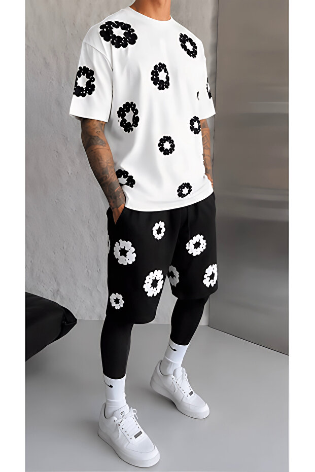 "Men's White T-Shirt with Black Floral Pattern Oversized Shorts Set"