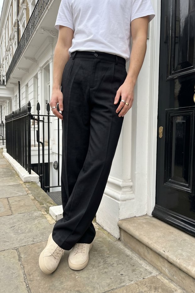 Salto Double Fabric Pleated Men's Black Baggy Pants Wide Leg Trousers