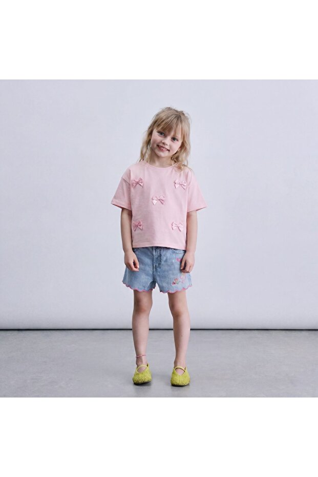 Pink Bow Front Short Sleeve T-Shirt