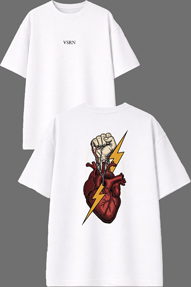 Strong Heart Design Front and Back Printed White Oversize t Shirt