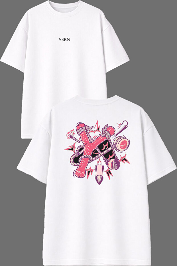Sapan Pink Design Front and Back Printed White Oversize T-Shirt