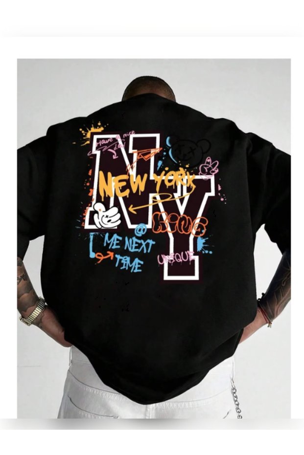 Unisex Oversized Printed Crew Neck Short Sleeve Black T-Shirt