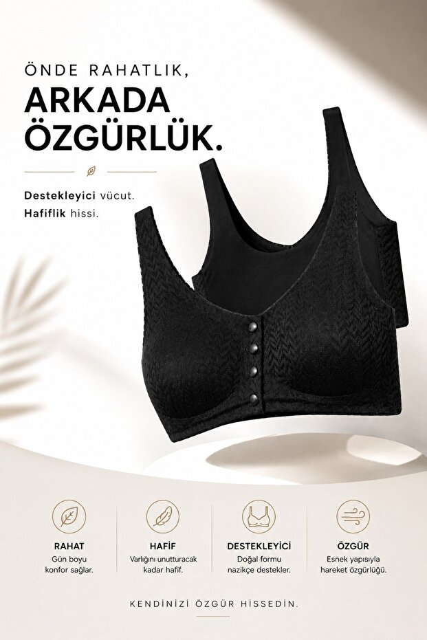 Laser Cut Seamless Gathering Wire-Free Front Snap Comfortable Support Bralette Strappy Black Women's Bra