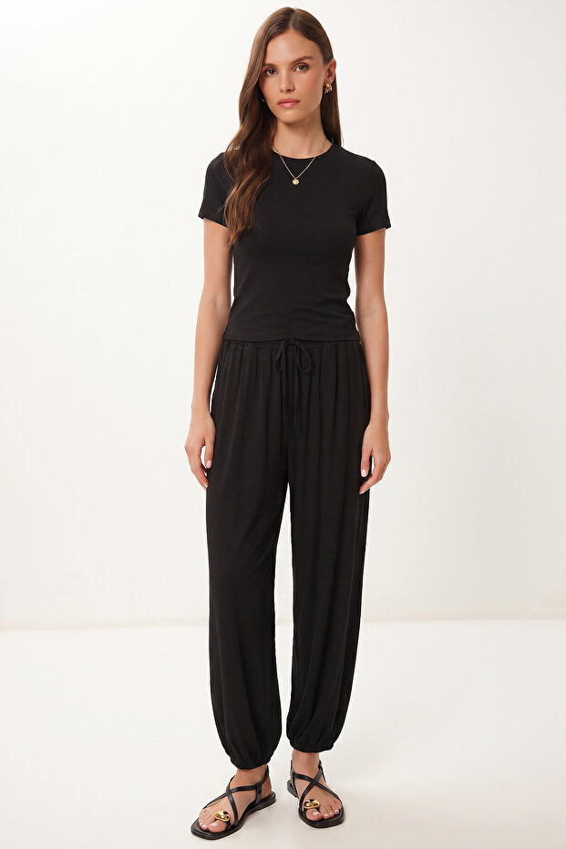 Soft Textured Cashmere Top and Bottom Set Lfw0026 Black
