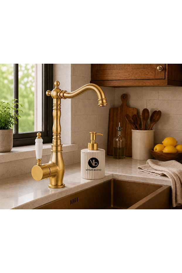 Reyhan Series Gold Kitchen Sink Faucet with Porcelain Handle Retro Kitchen Faucet with Swivel Spout