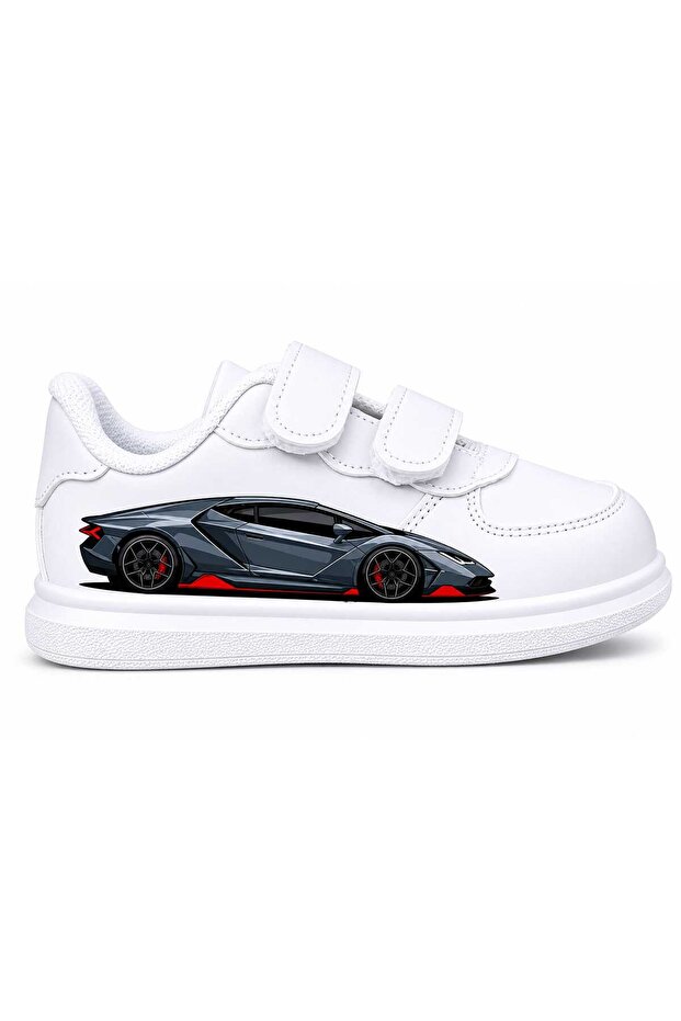 Super Car Fast Printed White Striped Children's Sports Shoes Sneaker
