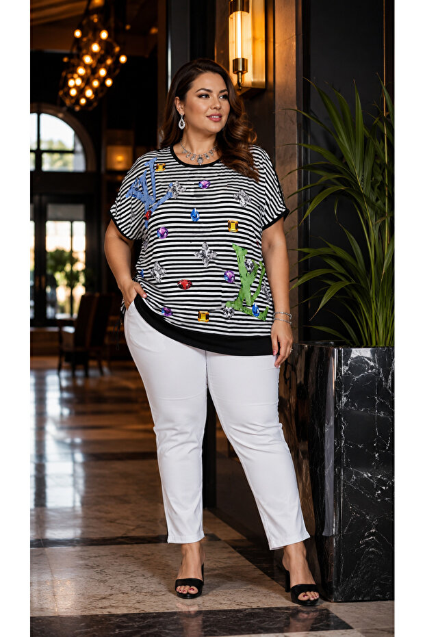Plus Size Wide Collar Back Transparent Lace Low-Cut Striped Stone Embroidered Printed Women's Blouse
