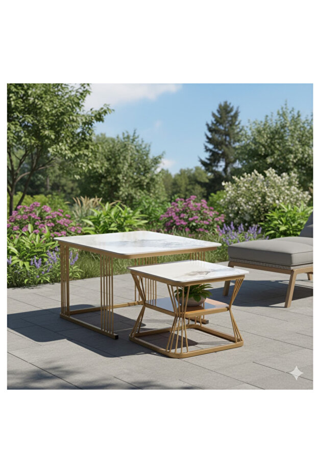 Square Nesting Coffee Table Set - 2 Pieces,WHITE Marble Top & Geometric Gold Base