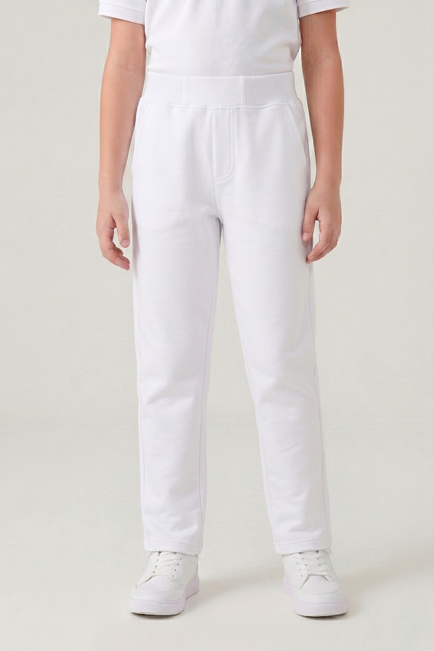 Unisex Kids 2 Thread Seasonal Ribbed Waist Straight Leg Compact White Sweatpants Combed Cotton Trousers School April 23 October 29 Show