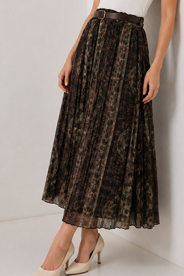 Belted Patterned Skirt B8074 Black - 2