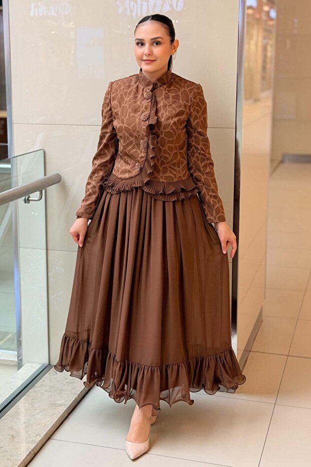 Patterned Ruffled Jacket Skirt Evening Dress Set