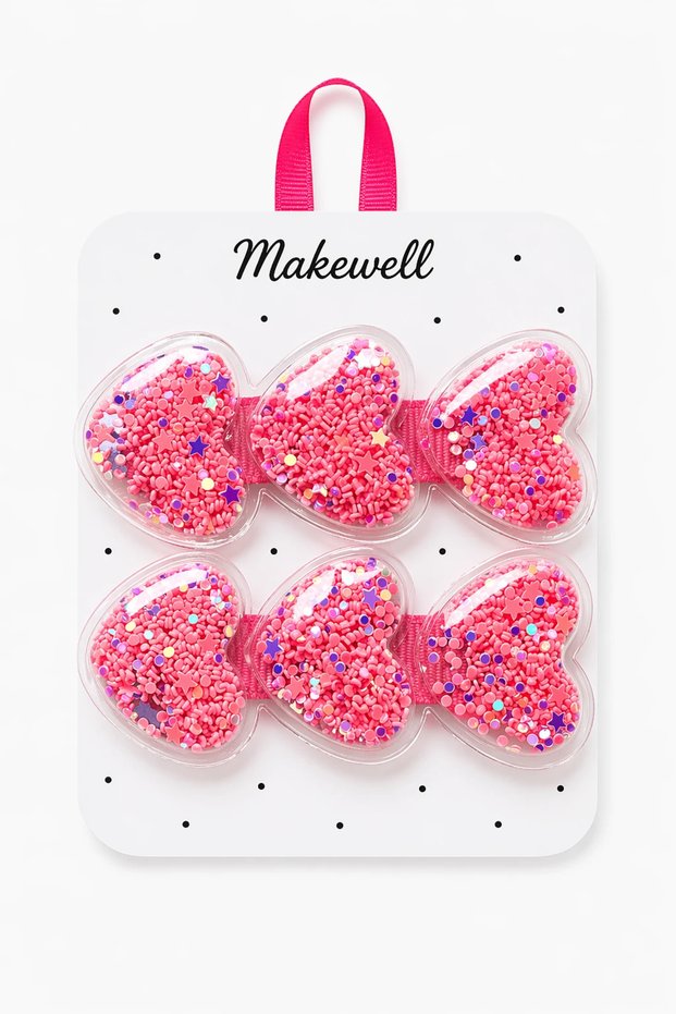 Girl's Heart Shaped Water-Glossy Side Clip – Pink Color Hair Clip (Set of 2)