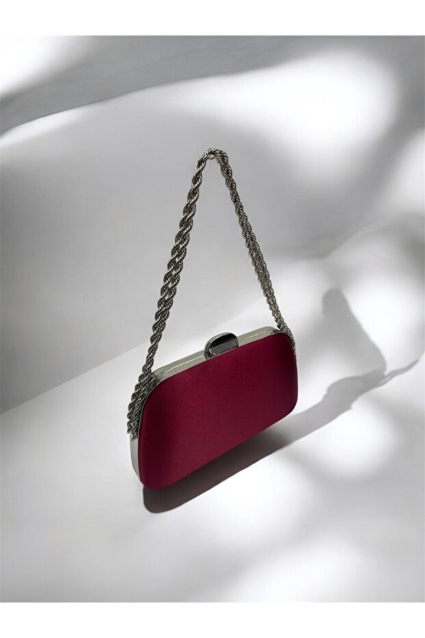 Burgundy Satin Chain Strap Shoulder Evening Dress Bag