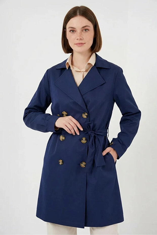 Women's Double-Breasted Collared Belted Navy Blue Trench Coat