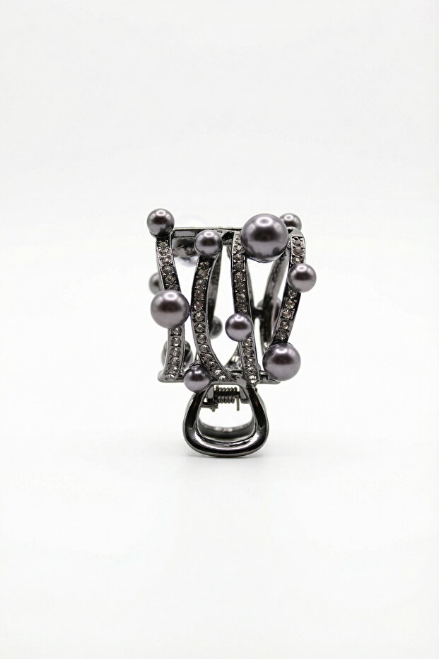 Pearl Detailed Crystal Stone Geometric Hairpin Black Women's Accessory