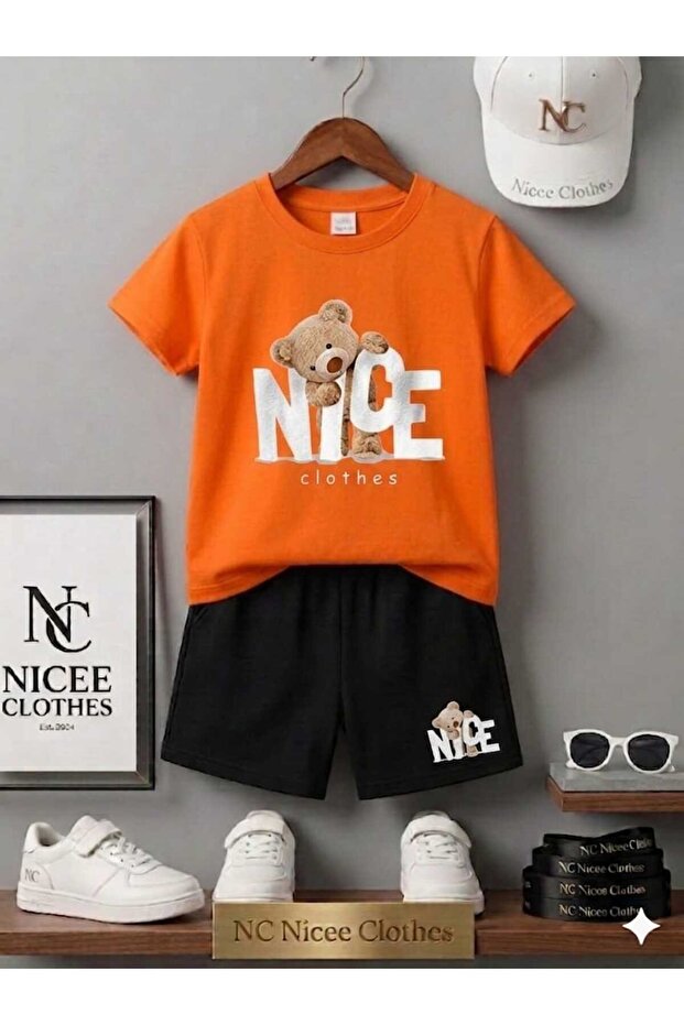 Summer Children's T-Shirt Shorts Unisex (White Nicee Bear Print)