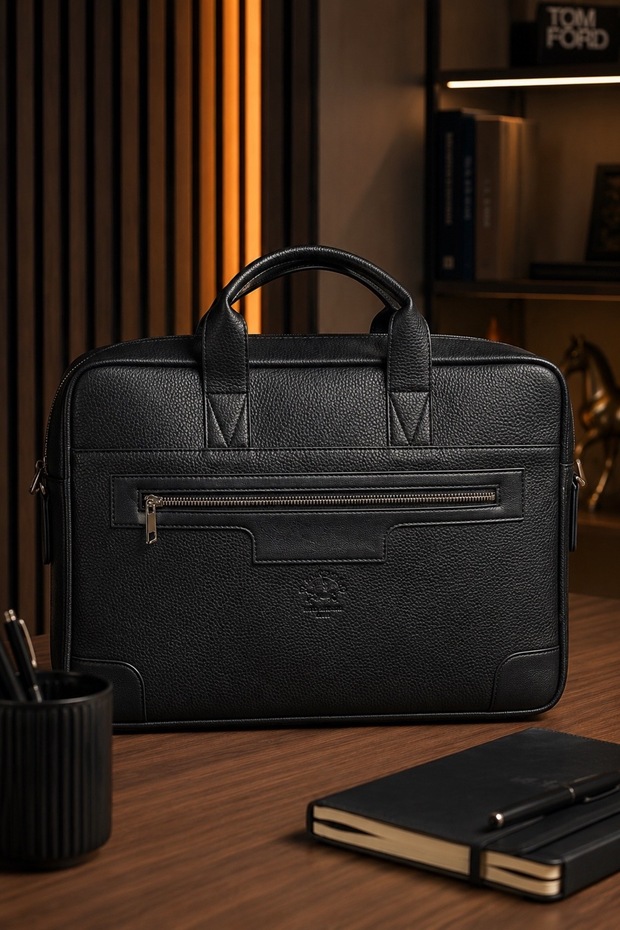 Black Leather Crossbody Laptop & Briefcase Bag 7059
