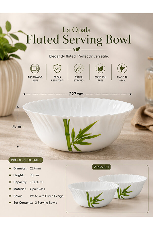 LaOpala Elegant Green Bamboo Serving Bowl Set – 227mm 2PCS