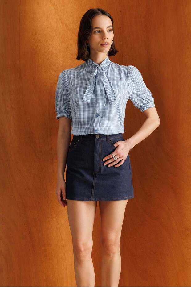 4900 Women's Gingham Patterned Scarf Collar Balloon Sleeve Shirt Blue