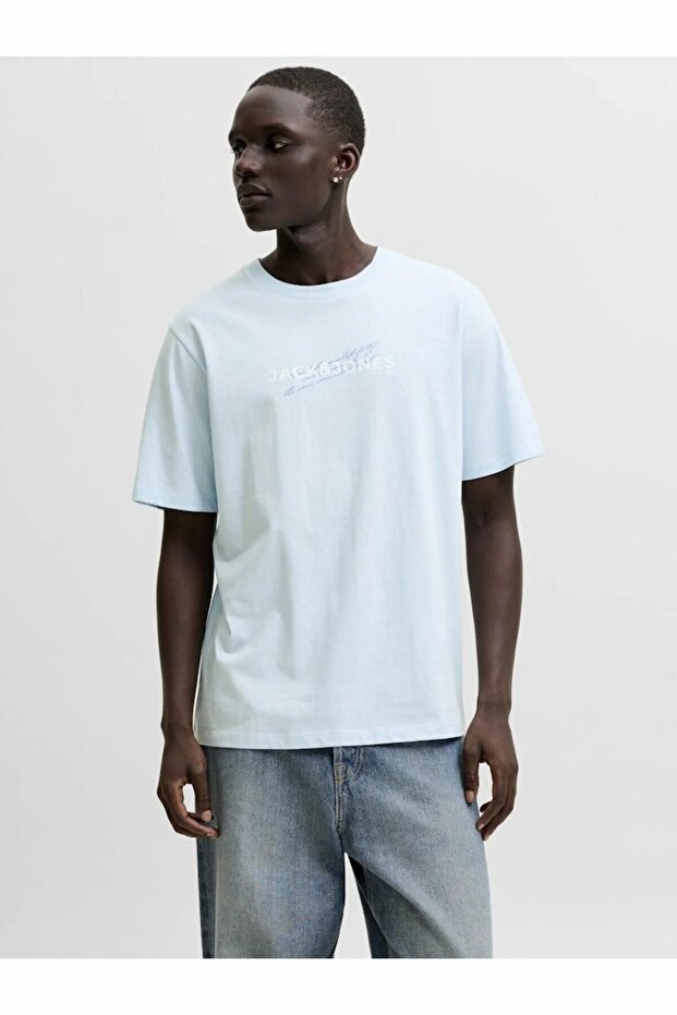 Men's Blue Jcoeterna Front Print Tee Ss Crew Fst T-Shirt