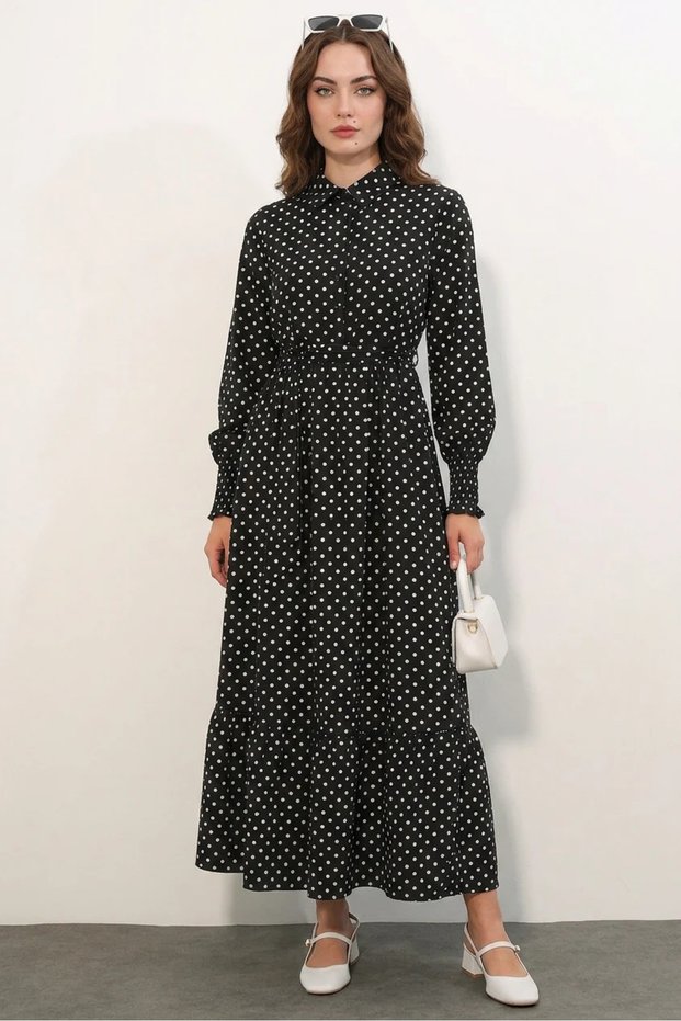 Women's Shirt Collar Belted Polka Dot Black Hijab Dress
