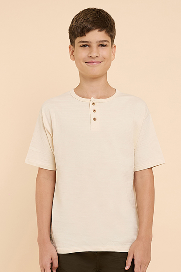 Textured T-Shirt with Henley Neck and Short Sleeves