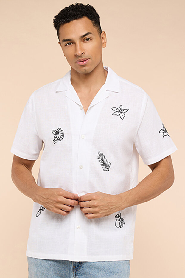 Embroidered Shirt with Revere Collar and Short Sleeves