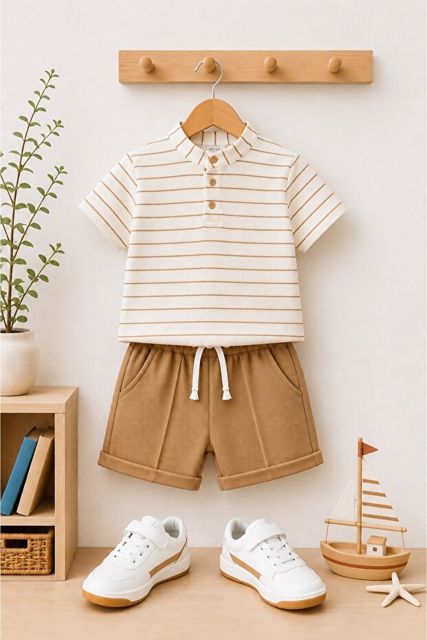 Single Striped Buttoned - Waffle Fabric Summer Boys' Suit