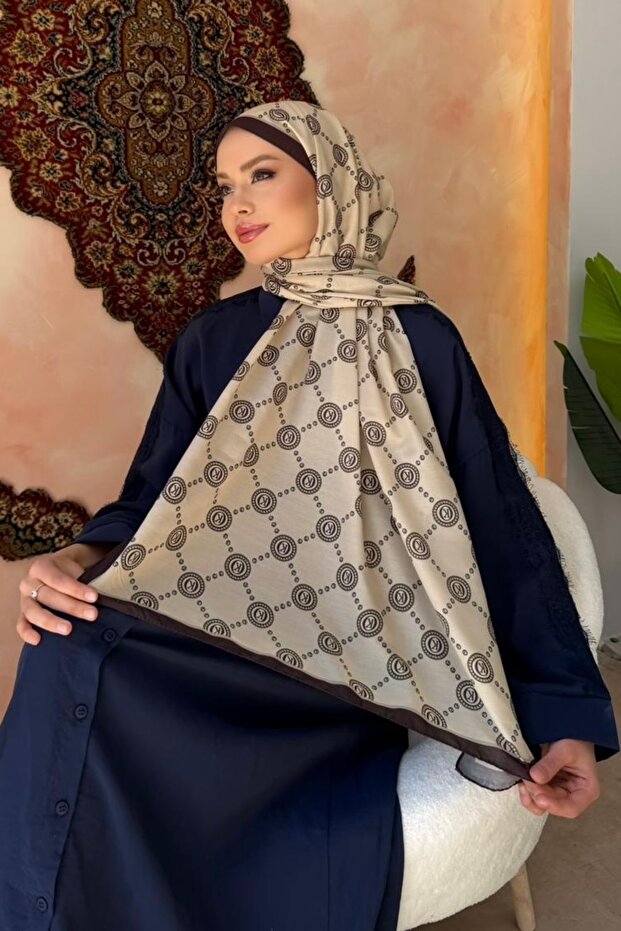 Khaki Brown Monogram Patterned Soft Shawl