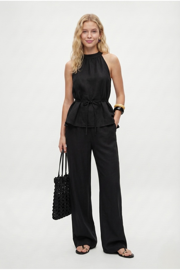 Women's Giselle Halter Neck Tie Blouse Elastic Waist Pants Woven Black Bottom Top Set