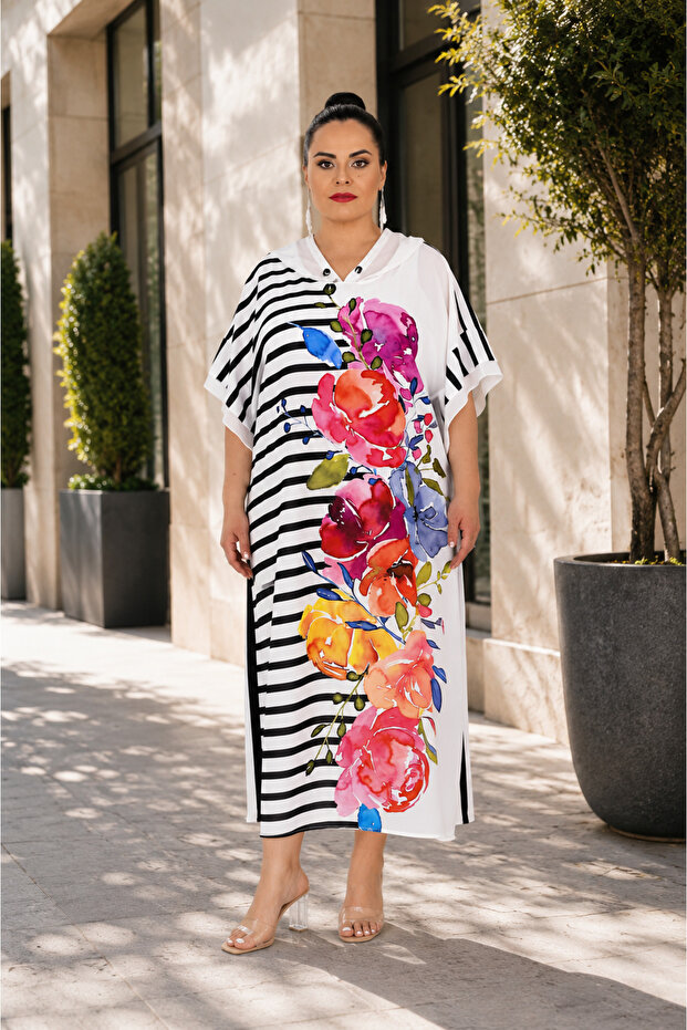 Plus Size Striped Butterfly Patterned Hooded Midi Length Relaxed Fit Women's Dress