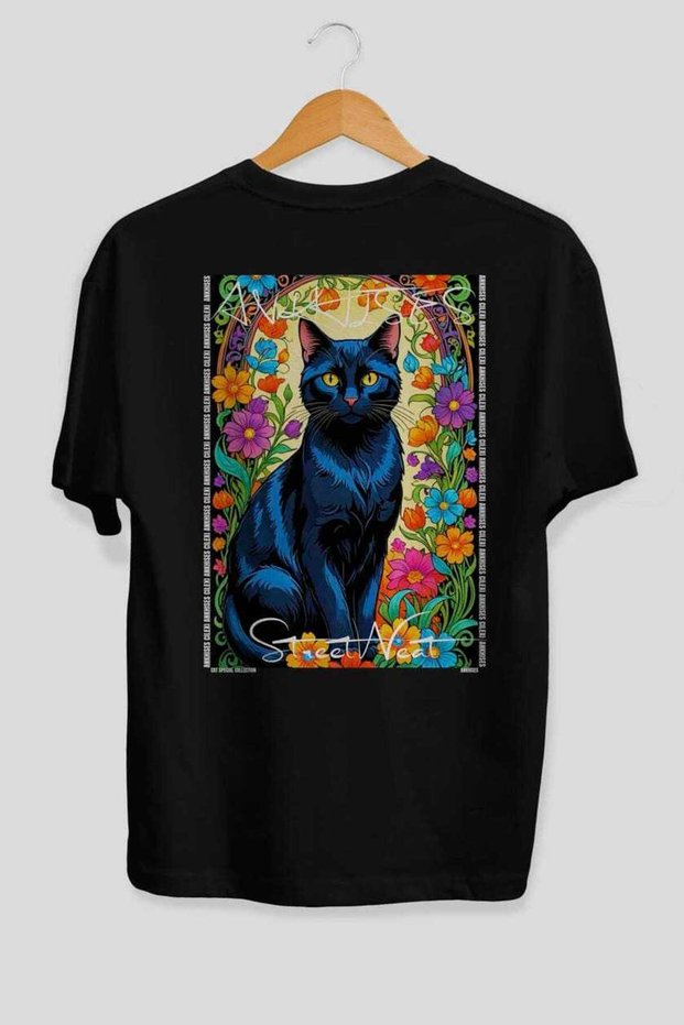 For the Love of Cats 8 Cats Printed Black Oversize T-Shirt 100% Cotton Unisex Cat Lover Premium Design