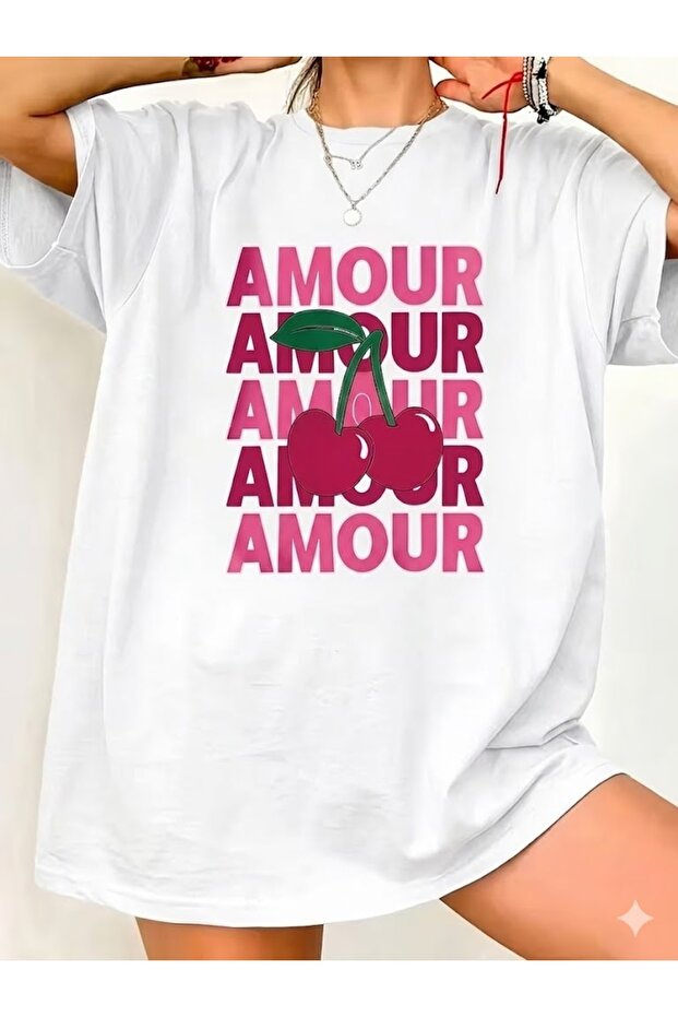 تي شيرت نسائي كبير الحجم مطبوع عليه Amor فضفاض مناسب للرجال