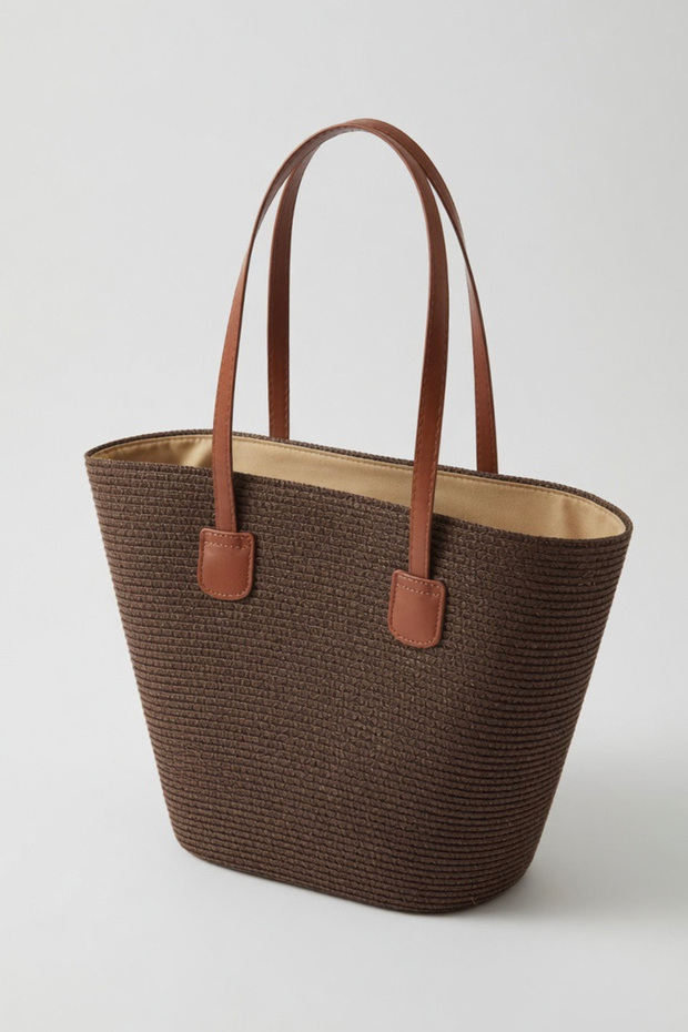 Summer Straw Bag with Brown Faux Leather Strap | Casual and Beach Lined Shoulder Model