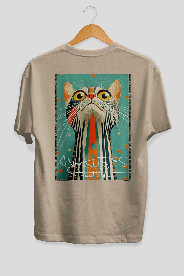 99 Cats for Cat Lovers Printed Beige Oversize T-Shirt 100% Cotton Unisex Cat Lover Premium Design