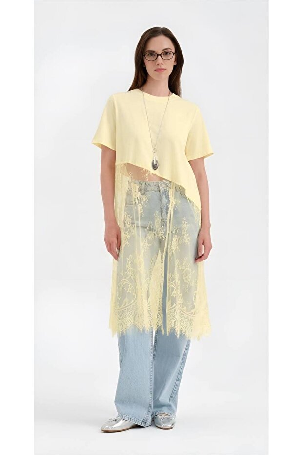 Women's 100% Cotton Lace Detailed Design Tunic Tshirt