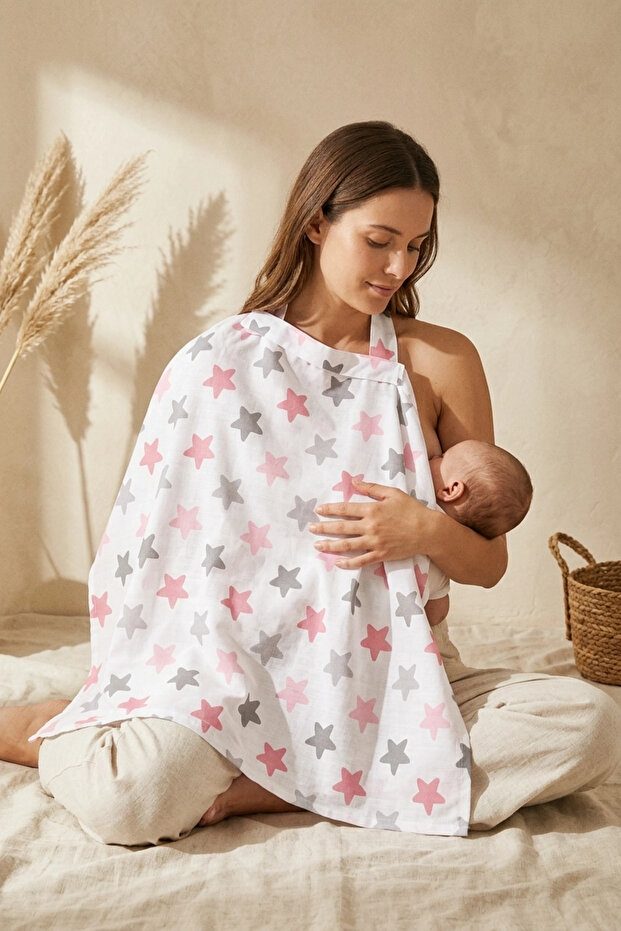 Stella Sapphire Pink Starry Cotton Nursing Apron - Breathable Fabric, Adjustable Neck Strap