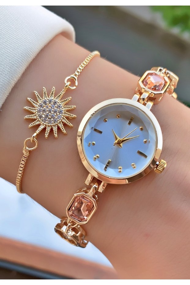 Women's Gold Color Stone Detailed Bracelet Watch Dial Elegant Design Dkl4-93439