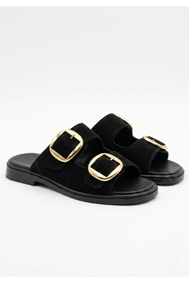 Black Suede Double-Strapped Accessory Belt Design Daily Comfort Slippers
