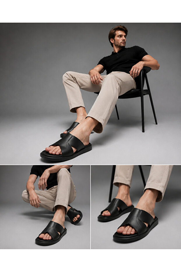 Trendy Men's Black Leather Orthopedic Comfortable Sole Slippers