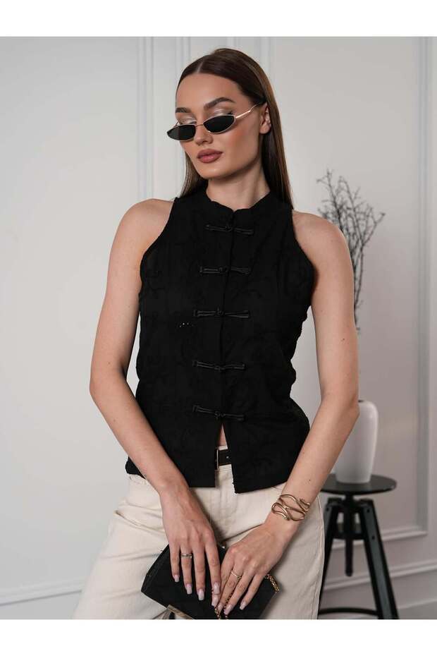 Women's Black Mandarin Collar Embroidered Sleeveless Shirt Pc6143