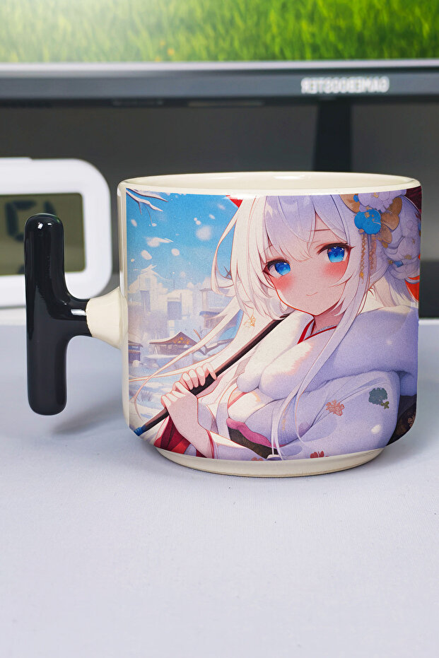 كوب سيراميك فاخر مطبوع عليه Azur Lane (قطعة واحدة) على شكل حرف T بمقبض أسود خاص V3T