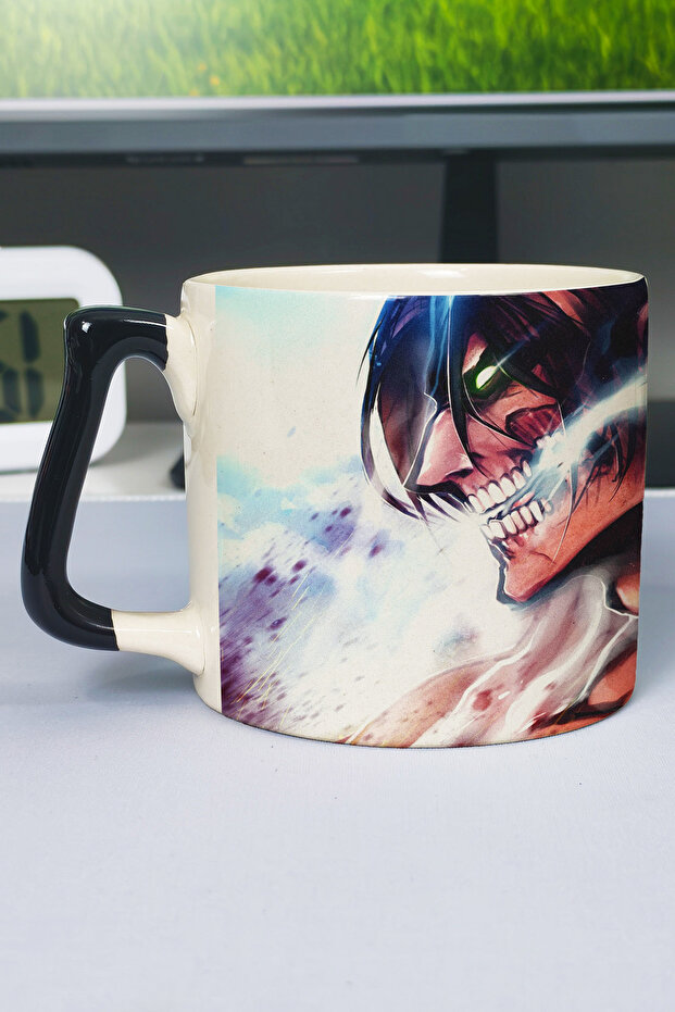 كوب سيراميك فاخر مطبوع عليه أنمي Attack on Titan (قطعة واحدة) بمقبض أسود مميز V4D